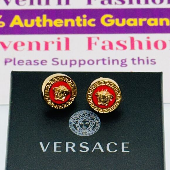 NIB Versace Icon Medusa Greca Stud Earrings Gold Tone Red Engraved Unisex $475 - Picture 6 of 9